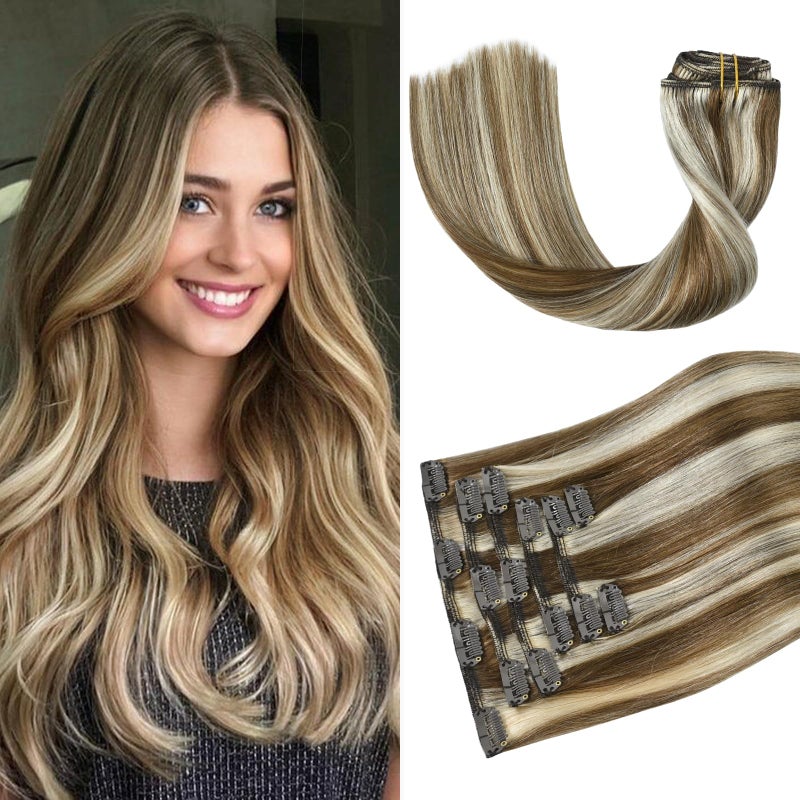 Ombre Balayage Clip in Hair Extensions Real Human Hair 70G Light Brown to Blonde Highlights 100 Remy Human Hair Extensions Straight 7pcs 16clips Highlight 15 Inch